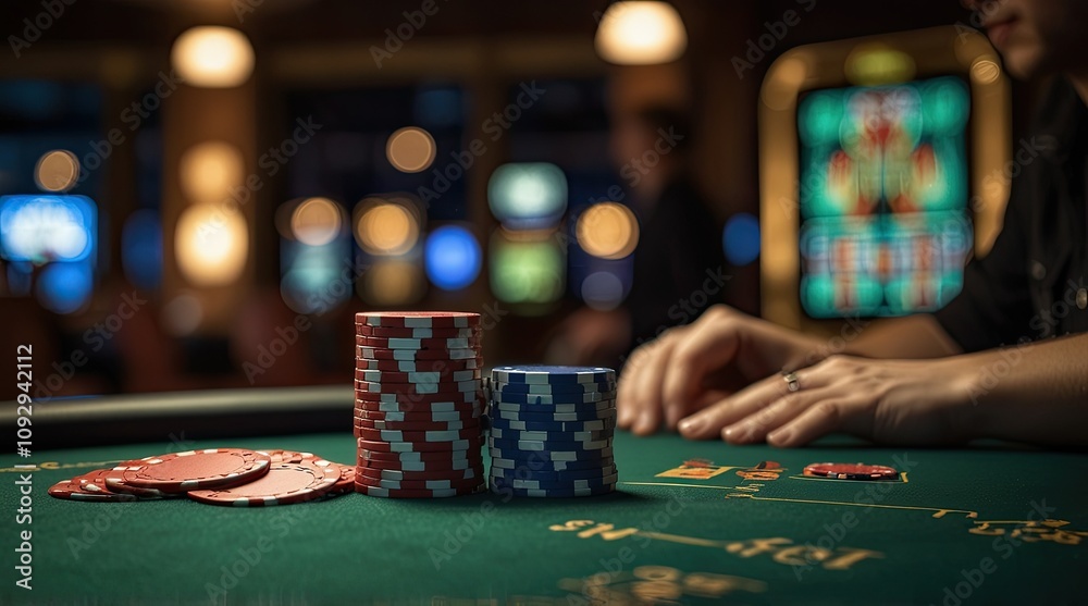 A blurred poker table scene with colorful casino chips stacked in the foreground. A blurred poker table scene with colorful casino chips stacked in the foreground.