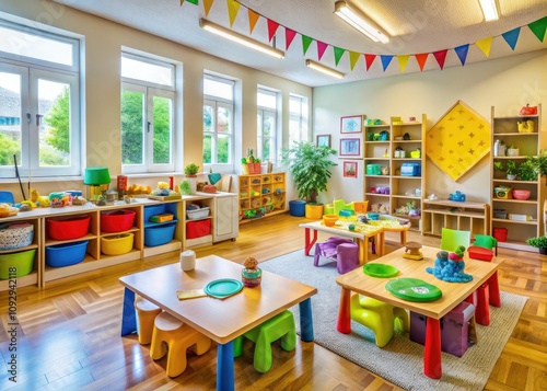 A vibrant preschool classroom filled with colorful learning materials, playful areas, and interactive stations encourages engaging early childhood education experiences for young learners.