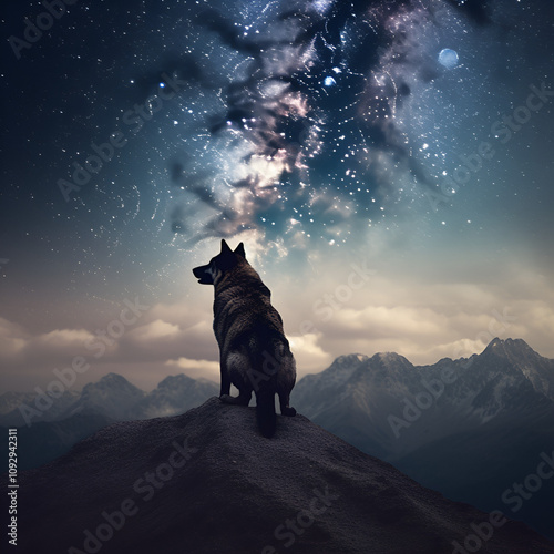 A sky full of stars and a wolf howling wirg moon background. photo