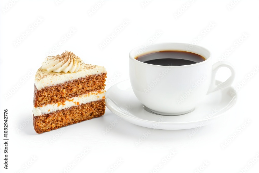 A slice of cake beside a cup of black coffee on a white background, creating an inviting and cozy dessert scene. A slice of cake beside a cup of black coffee on a white background, creating an inviting and cozy dessert scene.