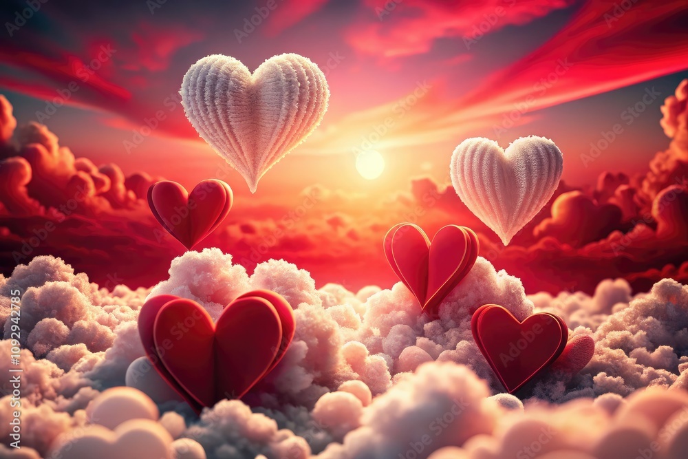 A vibrant red sky adorned with paper cut hearts and fluffy clouds creates a romantic backdrop for Valentine's Day decorations and love-themed celebrations. A vibrant red sky adorned with paper cut hearts and fluffy clouds creates a romantic backdrop for Valentine's Day decorations and love-themed celebrations.