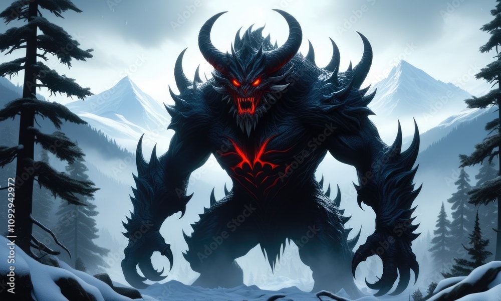 Ferocious demon in snowy mountain landscape with glowing red eyes Ferocious demon in snowy mountain landscape with glowing red eyes