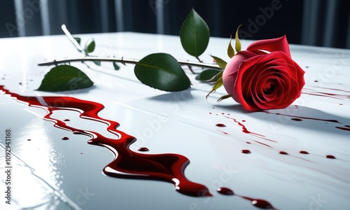 Red rose with thorns on glossy surface and dramatic bloodlike streaks photo