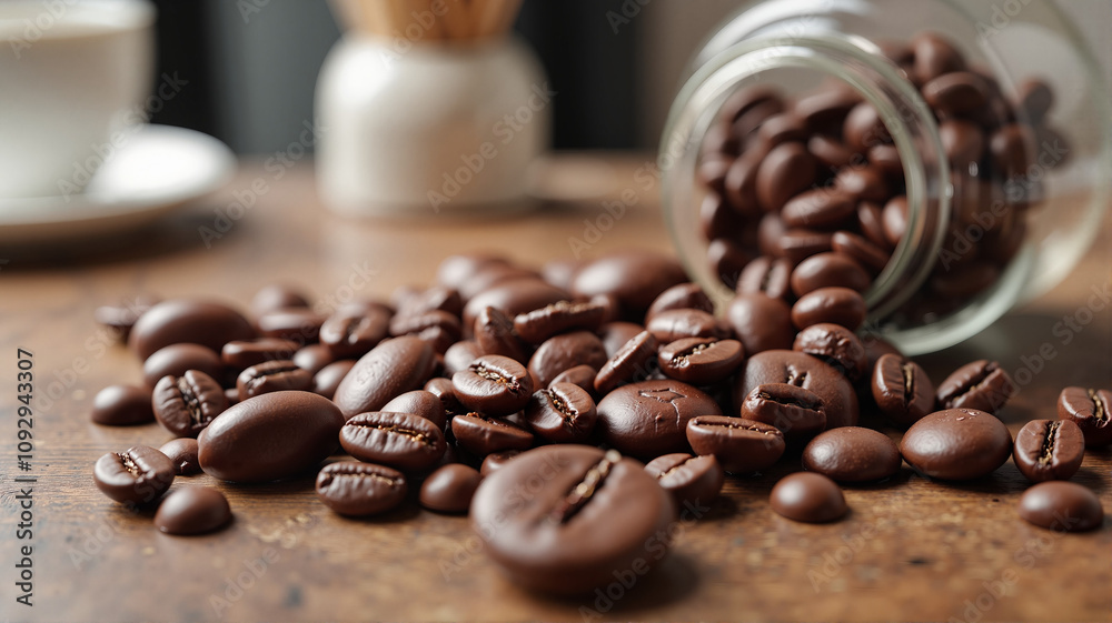 Chocolate coffee beans spilled from a jar onto a rustic wooden table Chocolate coffee beans spilled from a jar onto a rustic wooden table