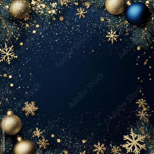 Christmas card with gold snowflakes, blue ornaments, and pine branches on a dark blue background photo