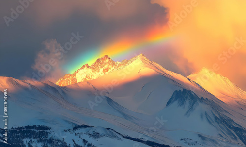 A stunning mountain landscape with a vibrant rainbow arching over snow-capped peaks.