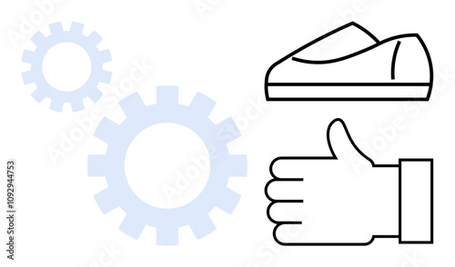 Hand giving a thumbs-up, gears symbolizing productivity, and a shoe represent business strategy. Ideal for corporate success, teamwork, technology, operations, productivity, entrepreneurship