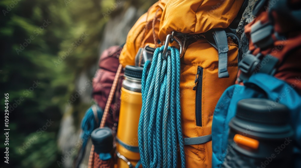 A variety of adventure equipment hanging from a climber's pack, from ropes to water bottles, illustrating the importance of well-prepared adventure and reliable climbing equipment A variety of adventure equipment hanging from a climber's pack, from ropes to water bottles, illustrating the importance of well-prepared adventure and reliable climbing equipment