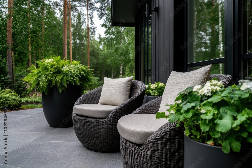 outdoor living space, chic scandinavian-style patio with trendy furniture, greenery, under a serene sky, perfect for text, welcoming relaxation outdoor living space, chic scandinavian-style patio with trendy furniture, greenery, under a serene sky, perfect for text, welcoming relaxation