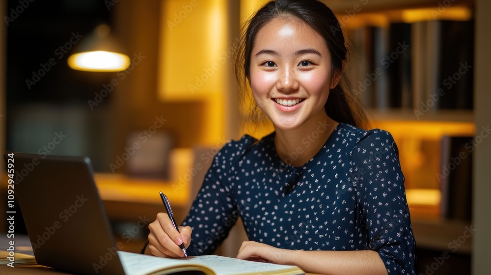 A smiling young woman studying at a desk with a laptop and notebook. A smiling young woman studying at a desk with a laptop and notebook.