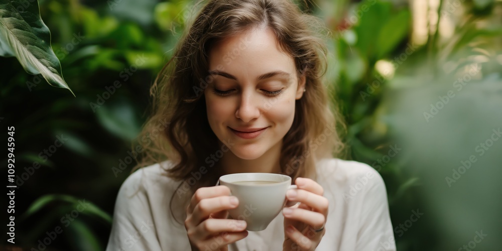 A woman savoring a cup of tea surrounded by vibrant greenery, symbolizing relaxation, joy, and a deep connection with nature, highlighting moments of tranquility in life. A woman savoring a cup of tea surrounded by vibrant greenery, symbolizing relaxation, joy, and a deep connection with nature, highlighting moments of tranquility in life.