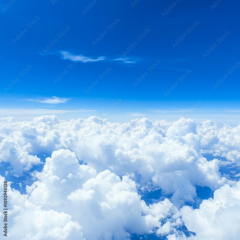 Aerial view of fluffy white clouds beneath a vibrant blue sky. Aerial view of fluffy white clouds beneath a vibrant blue sky.