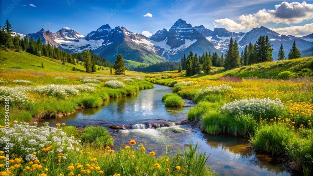 Scenic Mountain Landscape with Flowing Stream and Vibrant Wildflowers Under Blue Skies and Majestic Peaks Surrounded by Lush Greenery in a Serene Natural Setting Scenic Mountain Landscape with Flowing Stream and Vibrant Wildflowers Under Blue Skies and Majestic Peaks Surrounded by Lush Greenery in a Serene Natural Setting
