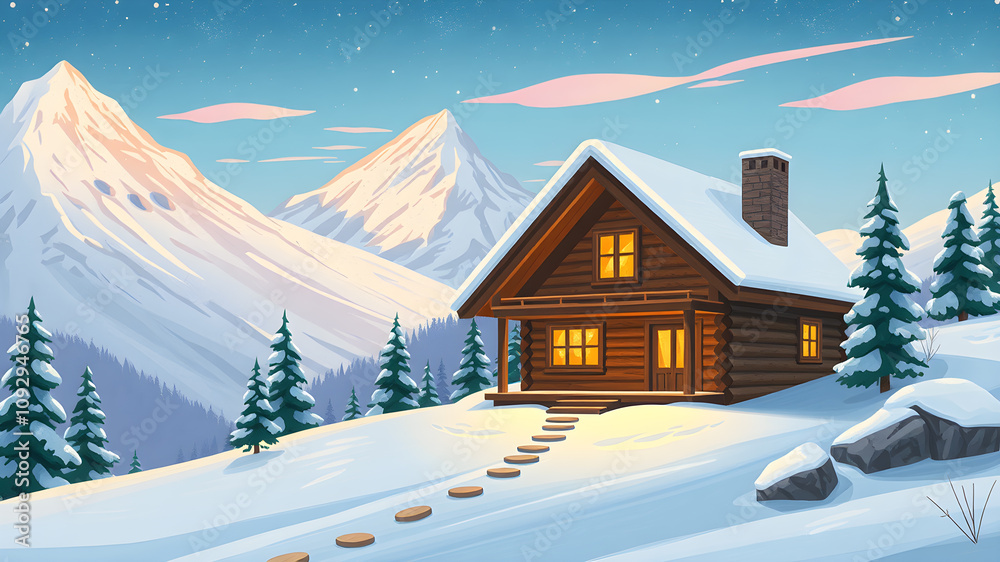 Naklejka premium A cozy cabin nestled in a snowy mountain landscape illustration. Generative AI
