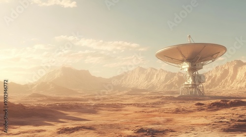 A large satellite dish stands alone on a desolate, rocky, orange planet. The sun sets in the distance, casting long shadows across the barren landscape.