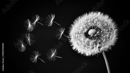 Monochromatic close-up of a dandelion seed head with seeds gently blowing away on a black background.  A poignant image representing change and transition. © MIRIAM
