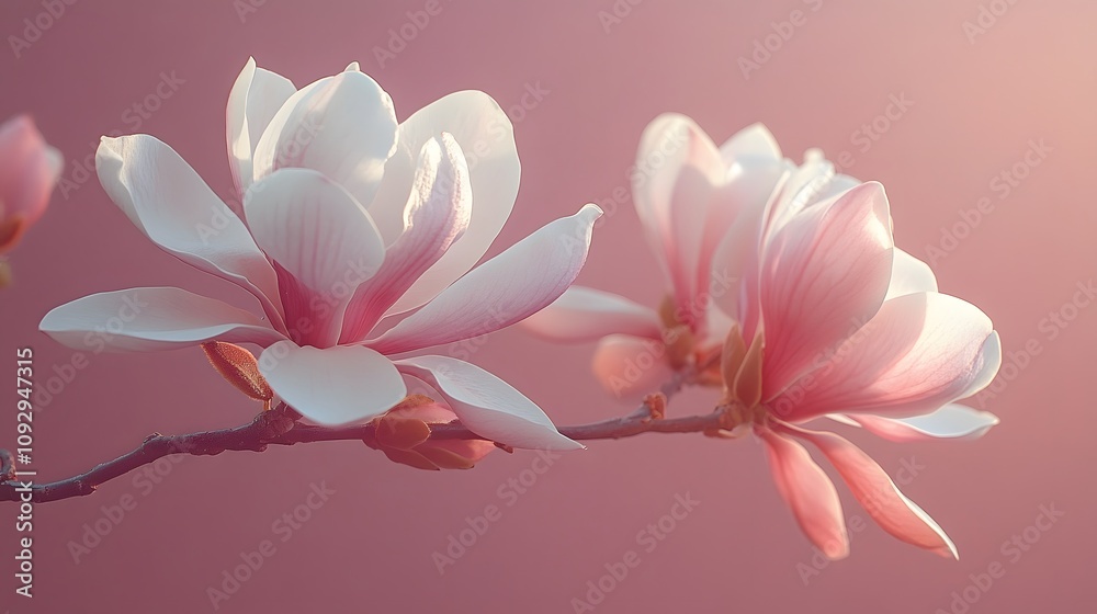 Magnolia flowers on branch against soft pink background, showcasing delicate petals and elegant botanical composition in high-key photography with minimalist design. Magnolia flowers on branch against soft pink background, showcasing delicate petals and elegant botanical composition in high-key photography with minimalist design.