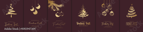 6x Weihnachtskarten Motiv (Din Format) mit dem Schriftzug "Wir wünschen ein Frohes Fest und alles Gute für das kommende Jahr". Moderne Typo, Font & Symbol komplett als Pfade 