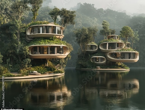 Floating eco-friendly island living, residing on self-sustaining, eco-conscious floating communities