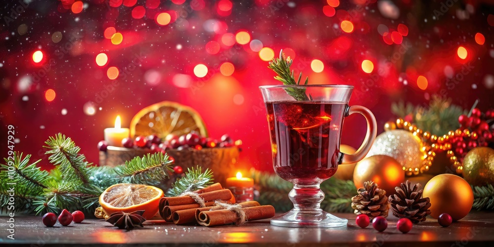 A warm mug of festive mulled wine glows softly, with swirling steam, surrounded by bokeh lights, creating a cozy atmosphere for joyful Christmas celebrations.
