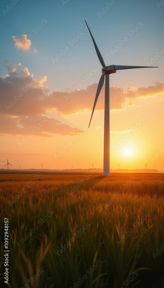 Obraz premium Sunset over a field with wind turbines, concept of renewable energy and sustainable future.