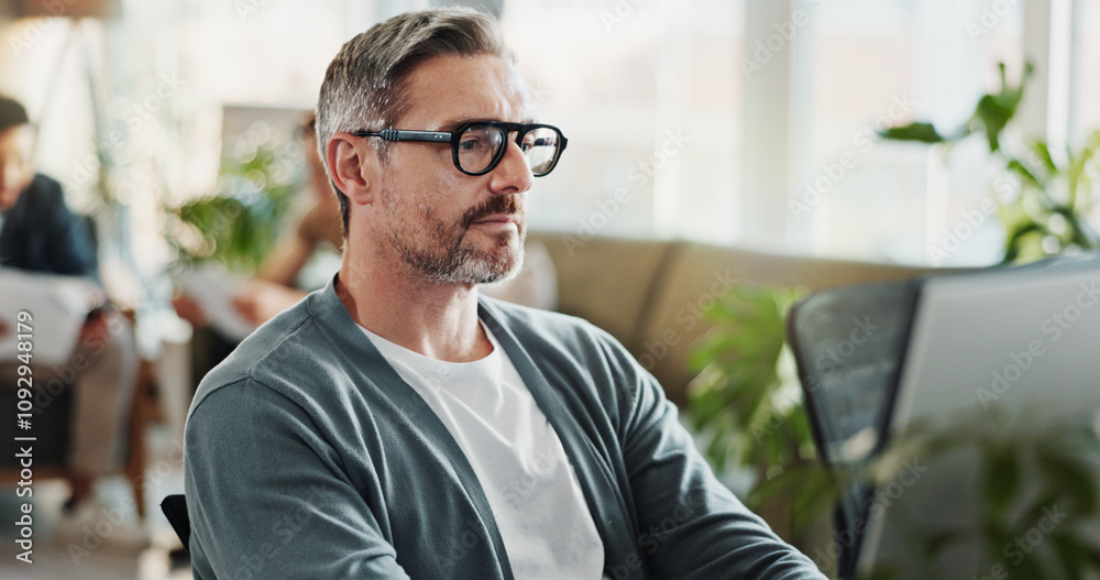 Computer, concentration and web development with man in creative workplace for code design. Cybersecurity, programming and system infrastructure with mature employee in office as website developer Computer, concentration and web development with man in creative workplace for code design. Cybersecurity, programming and system infrastructure with mature employee in office as website developer