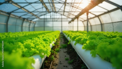 Hydroponic Greenhouse with Lush Green Lettuce, Concept of Sustainable Agriculture and Healthy Food Production.