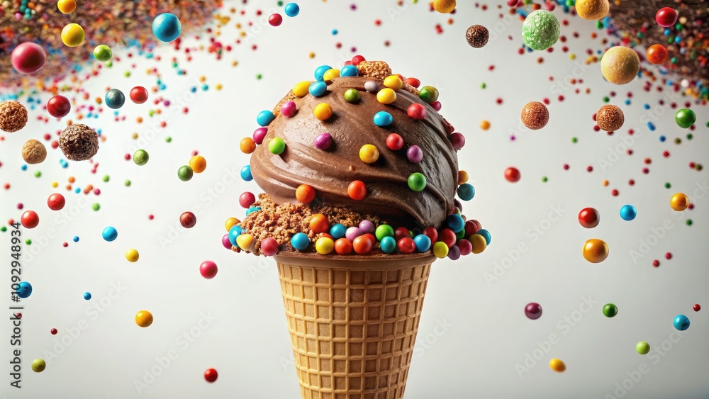 A whimsical ice cream cone rises high, adorned with luscious chocolate scoops, colorful sprinkles, and crunchy chocolate chips, all set against a bright white background. A whimsical ice cream cone rises high, adorned with luscious chocolate scoops, colorful sprinkles, and crunchy chocolate chips, all set against a bright white background.