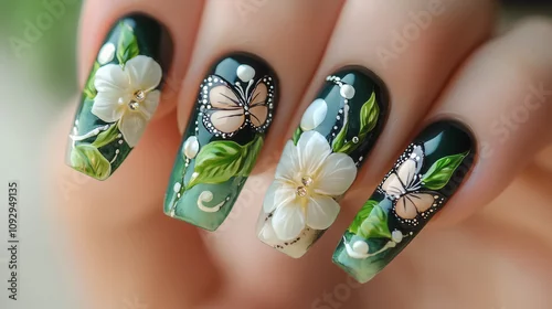 Fototapeta Fantazyjna stylizacja paznokci z subtelnymi, białymi kwiatami, harmonijnie współgrającymi z precyzyjnie namalowanymi motylami, nadającymi wzorowi elegancji i wiosennego uroku.