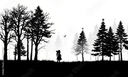 Mother and daughter in the middle of the forest winter christmas tree grunge banner background christmas tree silhouette Illustration 