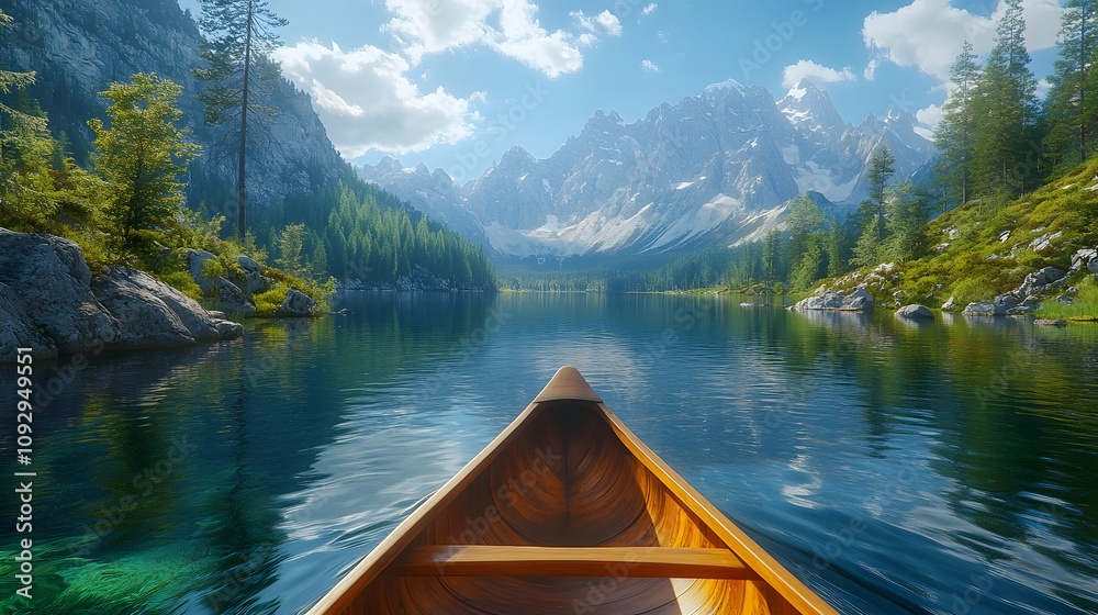 Obraz premium First-person view of wooden canoe bow on turquoise mountain lake, surrounded by evergreen forest, rocky cliffs, and snow-capped peaks with perfect water reflections.