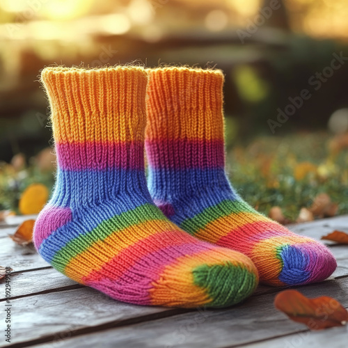 Knitted socks with rainbow gradient colours. Knitted fashion. Warm wool colourful socks. Gradient colors in clothing. Knitting hobbies. Hanicraft products. Bright knitted socks and ball of yarn. photo