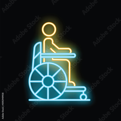 Neon sign depicting a person using a wheelchair, illuminated against a dark background