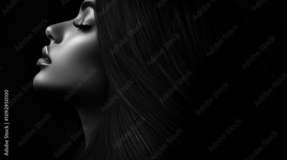 Fototapeta premium Kobieta której długie, zdrowe włosy opadają miękko na tle wyrazistej czerni, podkreślając ich naturalne piękno.