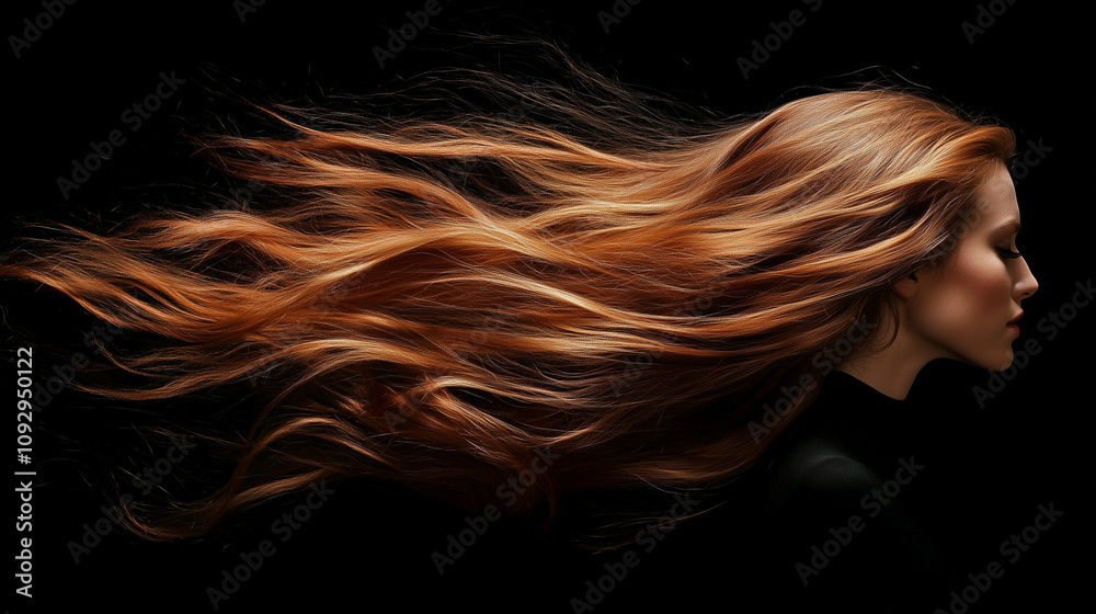 Fototapeta premium Kobieta której długie, zdrowe włosy opadają miękko na tle wyrazistej czerni, podkreślając ich naturalne piękno.