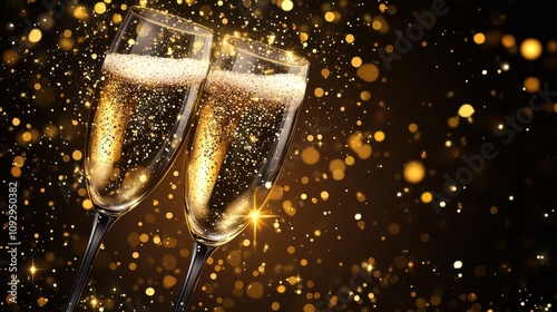 Glitzy New Year vector with champagne glasses clinking together, gold glitter, and festive sparkles filling the air in a classy New Year's Eve toast scene.