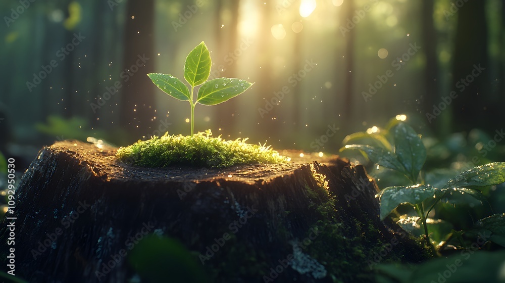 Fototapeta premium Young seedling emerging&nbsp;from moss-covered tree stump in&nbsp;misty forest setting, captured in morning sunlight with bokeh effect, symbolizing new life and hope.