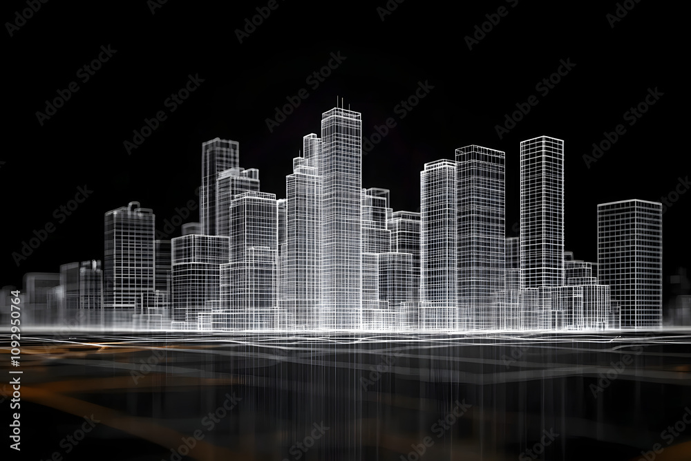 Obraz premium Modern tower cityscape in 3d wireframe architectural design with blueprint details on black banner