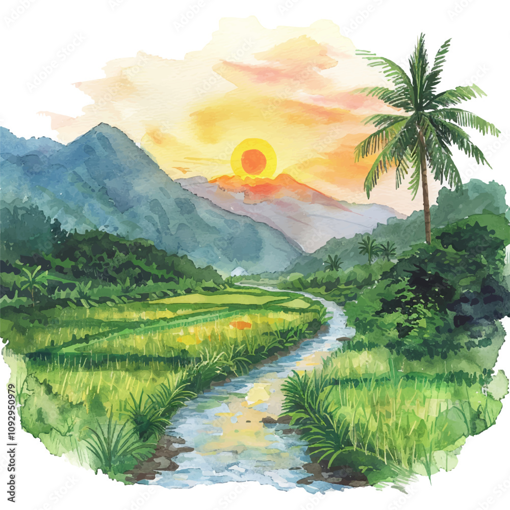 Fototapeta premium sunrise over the rice field vector illustration in watercolor style