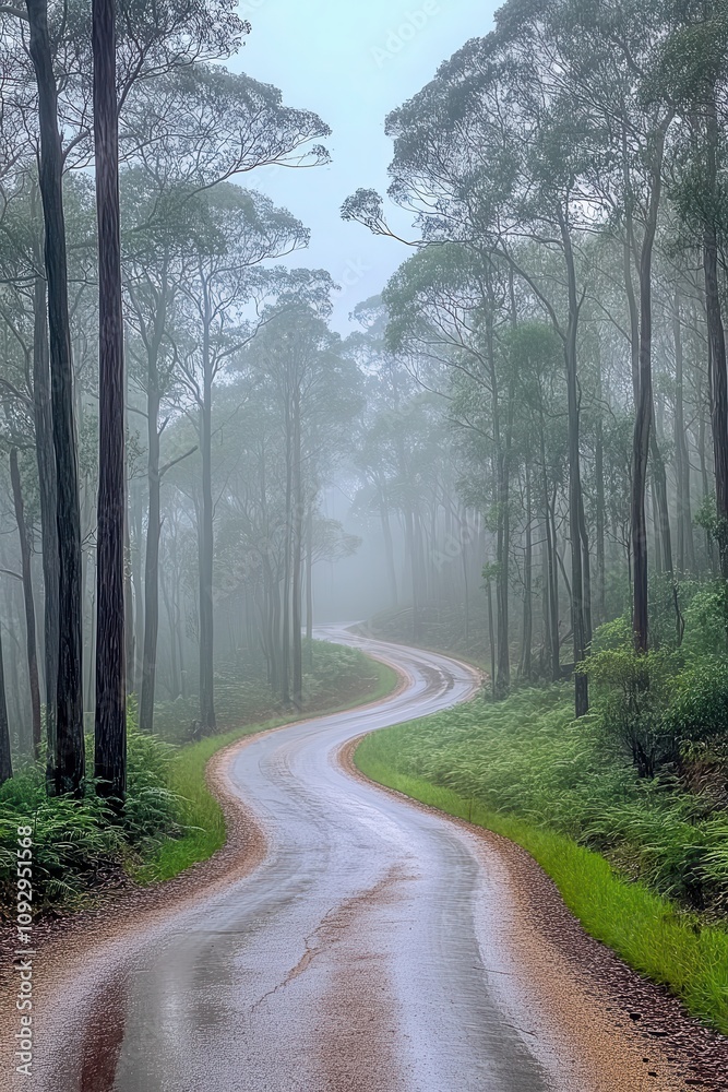 Serene Misty Forest Road Curving Through Tall Trees on a Foggy Day in a Lush Green Woodland Landscape Serene Misty Forest Road Curving Through Tall Trees on a Foggy Day in a Lush Green Woodland Landscape