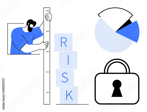 Man measuring stack of blocks labeled RISK, pie chart displaying sections, and lock for security. Ideal for risk management, business strategy, data analysis, finance, security, consultancy