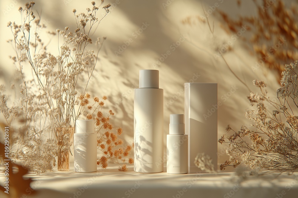 Minimalist Skincare Bottles with Dried Flowers in Soft Natural Light on Neutral Background Minimalist Skincare Bottles with Dried Flowers in Soft Natural Light on Neutral Background