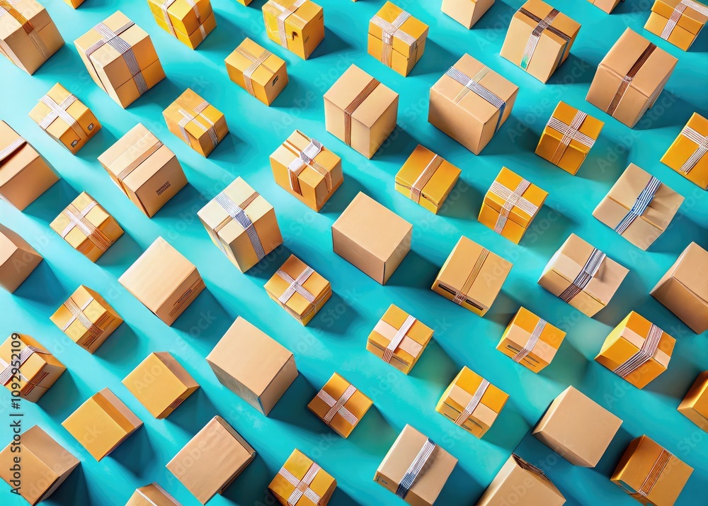 Bird's eye view of organized cardboard boxes against a light blue canvas, showcasing ideas for shipping and packaging, perfect for visualizing logistics and supply chain concepts. Bird's eye view of organized cardboard boxes against a light blue canvas, showcasing ideas for shipping and packaging, perfect for visualizing logistics and supply chain concepts.