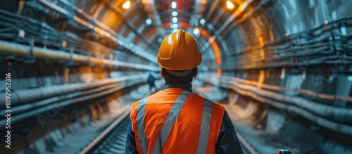 A long futuristic train tunnel with blue and orange neon lights. photo