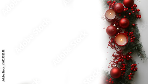 Beautiful arrangement of red Christmas candles, red Christmas balls, and green fir branches. The candles are placed in glass holders, and the balls are scattered around them,