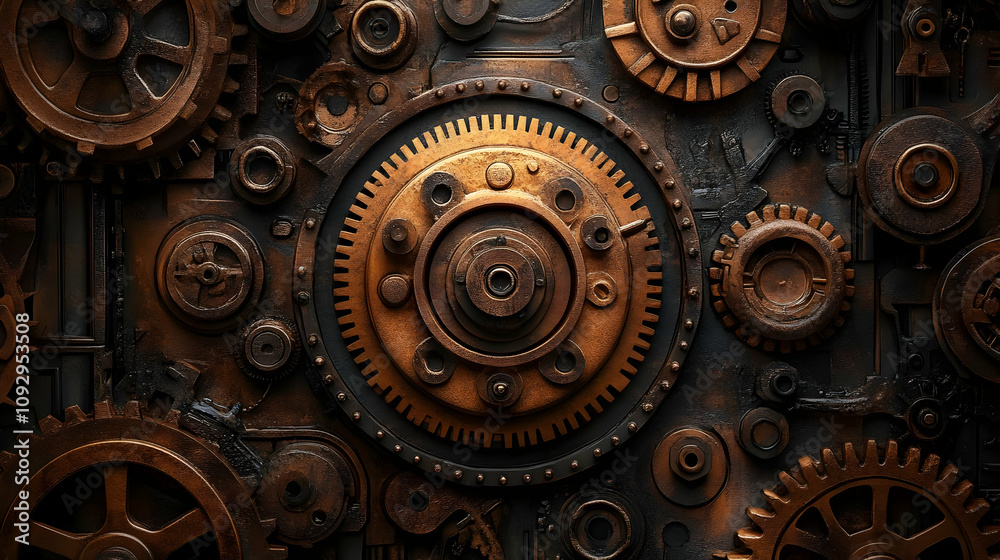Intricate Gears: Steampunk Clockwork Mechanism Detailed View Intricate Gears: Steampunk Clockwork Mechanism Detailed View