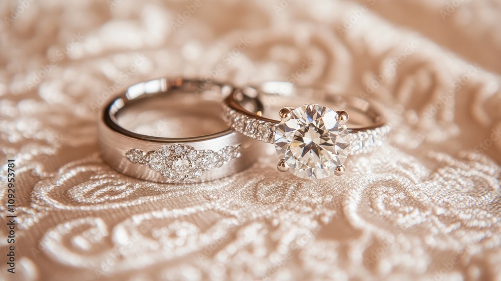 A close-up of elegant wedding rings on a decorative fabric background. A close-up of elegant wedding rings on a decorative fabric background.