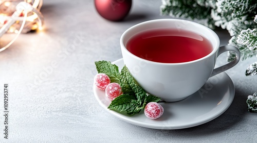 A cozy cup of red tea with mint leaves and sugared berries, set against a festive backdrop. photo