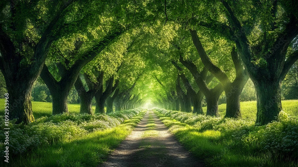 Beautiful Green Forest with Trees and a Path in Spring or Summer. AI generated illustration Beautiful Green Forest with Trees and a Path in Spring or Summer. AI generated illustration