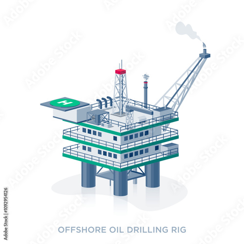 Offshore crude oil drilling rig platform facility on the sea. Petrochemical heavy gasoline production industry. Flat isolated vector illustration on white background in isometric dimetric style.